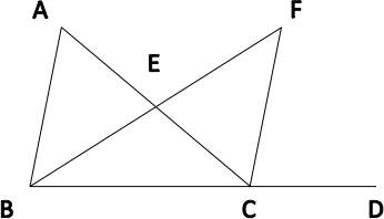 A triangle ABC with the segment BC extending to point D and a line BF that intersects segment AC