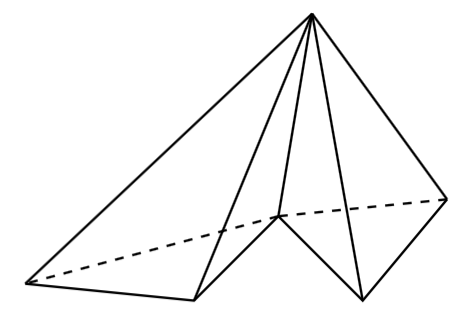 A line drawing of two tetrahedra sharing a single edge.