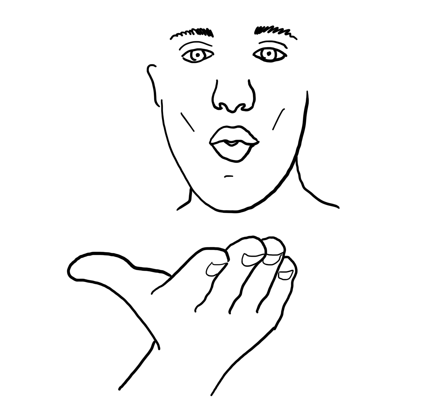 face with mouth in a kiss and a hand gesturing forward with face facing front