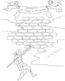 A person is about to throw a spear at a wall of stones floating in the clouds. Above the clouds are two winged figures holding a banner that reads 'Welcome to the edge of the Universe'.